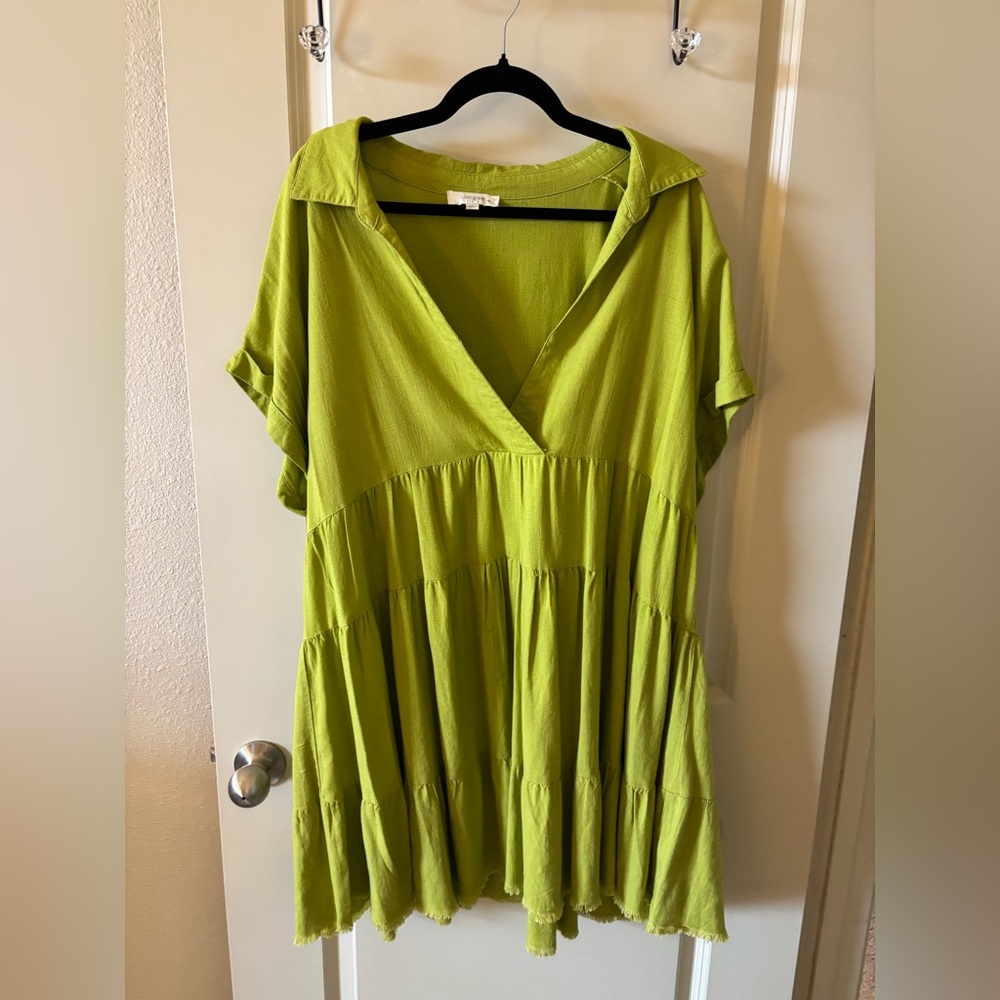 Umgee Lime Green V-Neck Tiered Mini Dress - Coverup, Lagenlook, spring, beach